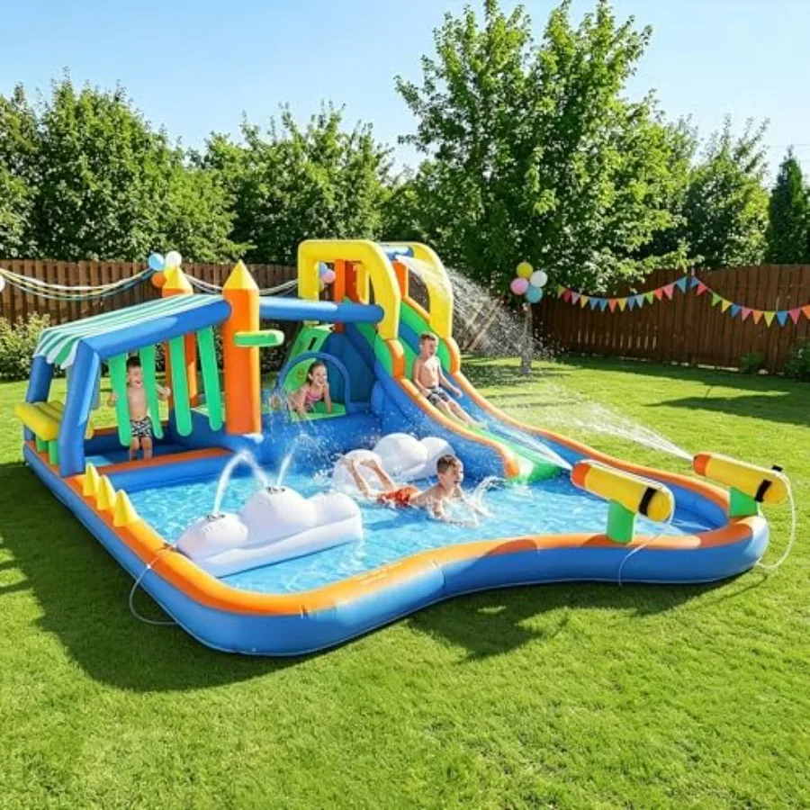 Backyard summer fun: PVC inflatable water slide with cloud sprinklers, blue and white, 8-in-1 design includes bounce house, sli