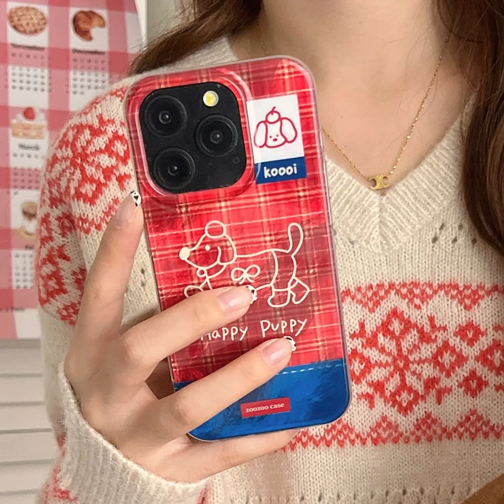 Red Checkered Shirt Cover Happy Puppy Dog IMD Soft Shockproof Protection Funda Case For iPhone 16 15 14 13 12 Pro Max Phone Case