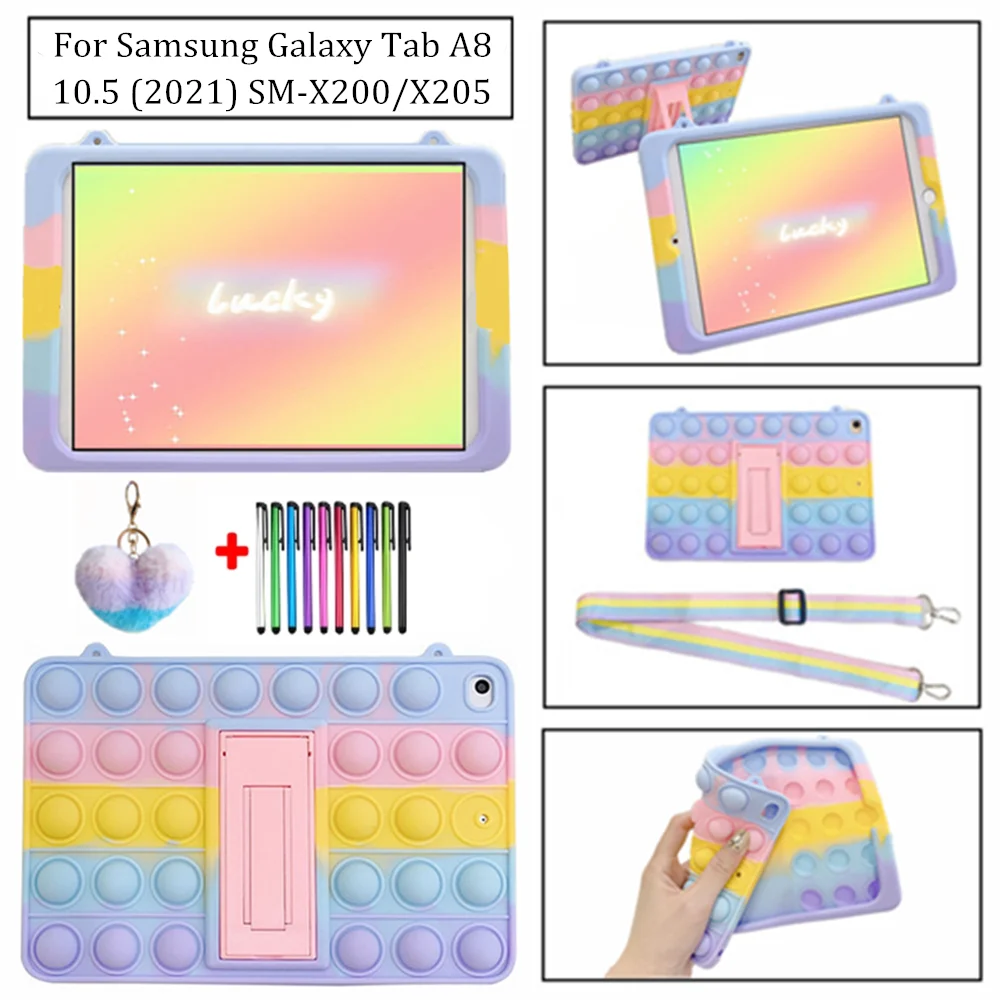 

For Samsung Galaxy Tab A8 10.5 2021 SM-X200 X205 Lanyard Rainbow Pattern Soft Silicone Case With Stand Shockproof Tablet Cover