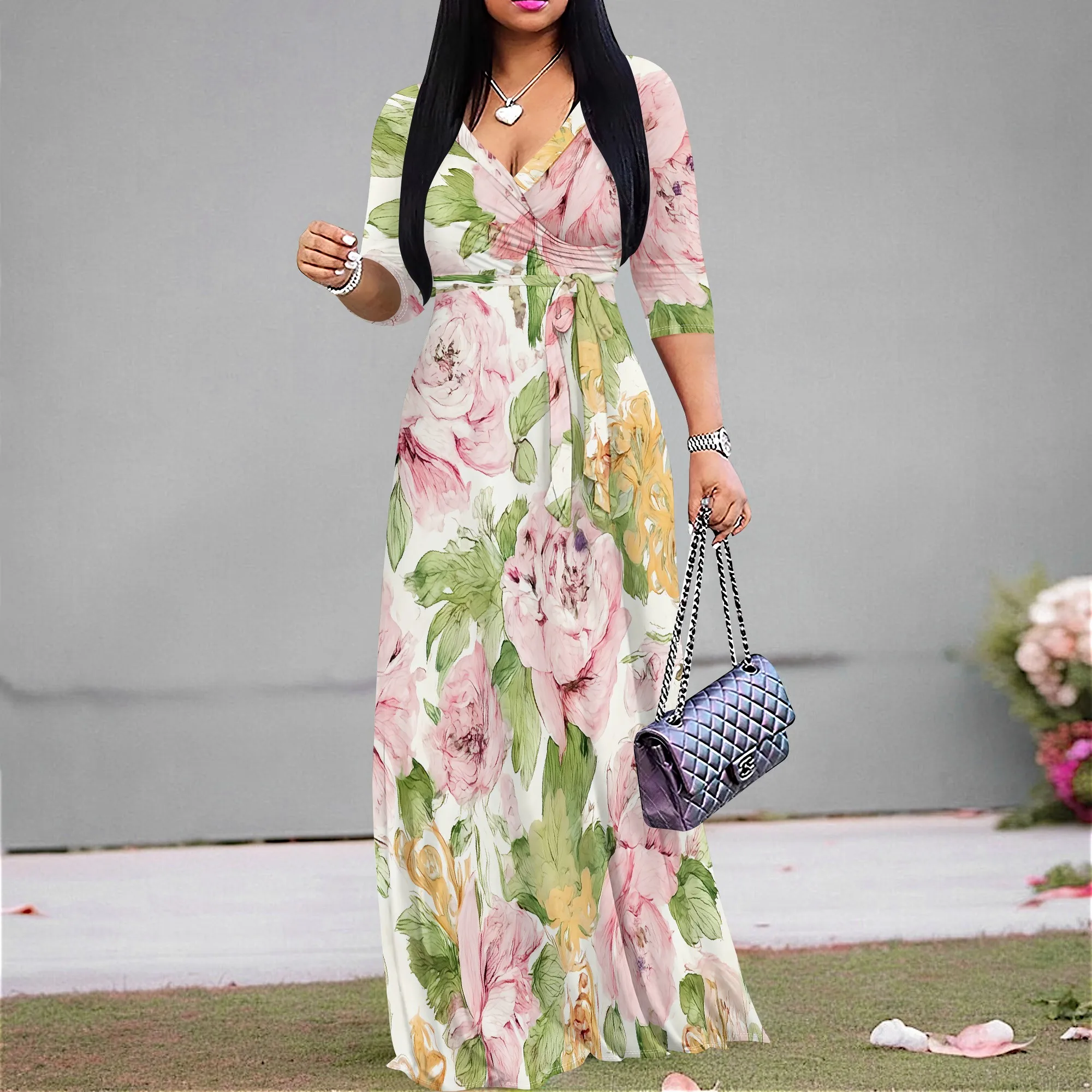 

Floral Maxi Dress for Women, V-neck 3/4 Sleeve, Elegant Spring/Summer Print, Perfect for Casual Outings & Mother's Day (S-3XL)