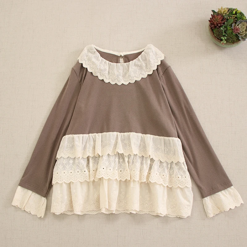 Sweet Mori Girl Ruffled Collar Embroidery Patchwork Cotton Shirts Women Japanese Multi Layer Hem Long Sleeve Casual Loose Tops