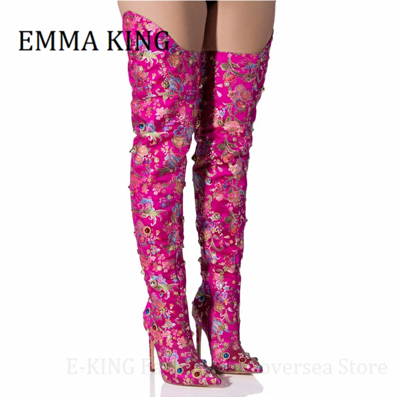 Women Rhinestone Thigh High Boots Sexy Pointed Toe Stilettos Over The Knee Boots Ladies Luxurious Dress Shoes Botas De Mujer