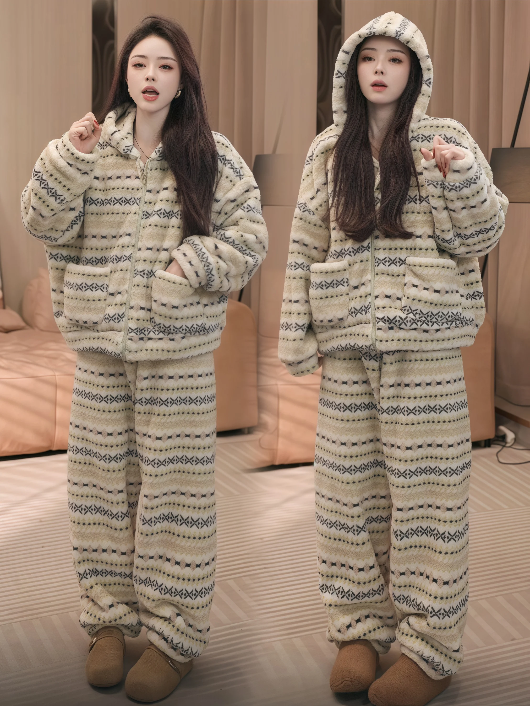 

Women's Thickened Hooded Print Home Clothes Set Plush Winter Sleepwear Two-Piece Loose Fit Korean Style Warmth Comfortable