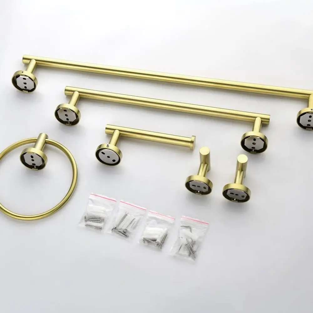 

Brushed Gold Bathroom Hardware Set Durable SUS304 Stainless Steel Round Wall Mounted Towel Bar Toilet Paper Holder Robe Hooks