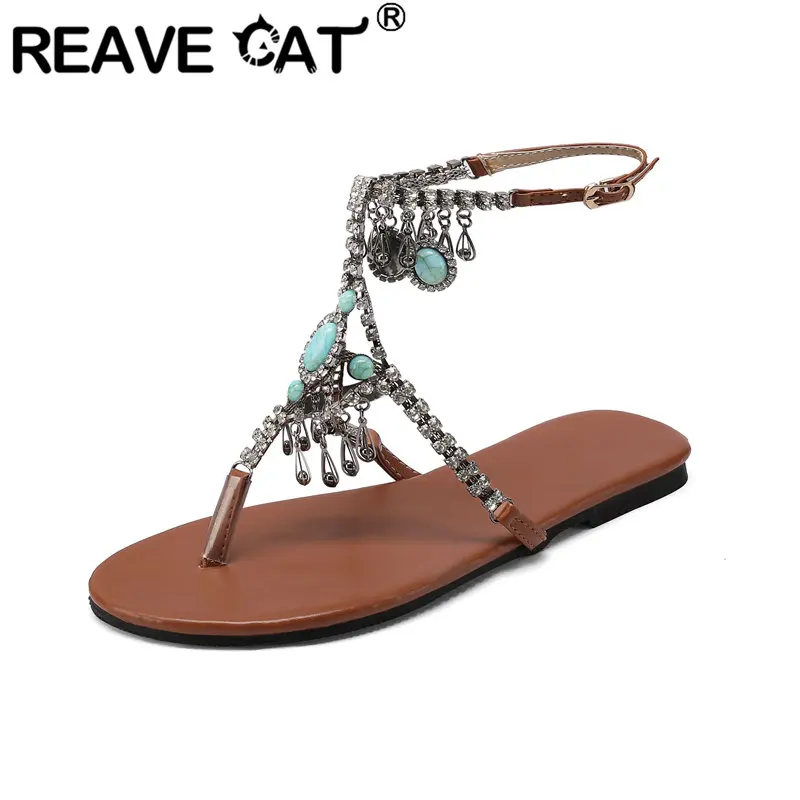 REAVE CAT Design Women Leisure Roman Flip-flops Flats Sandals Daily Decoration Crystal Size 44 45 46 47 48