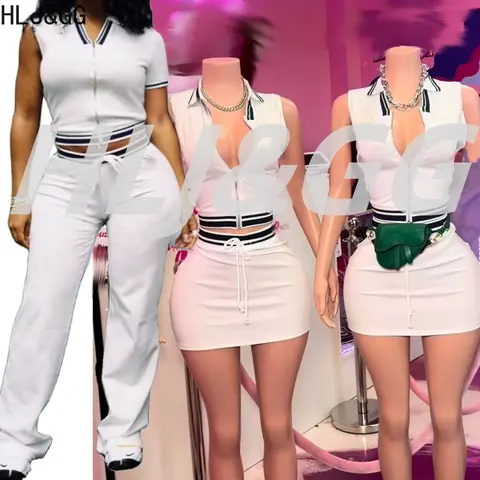 HLJ&GG Trendy White Stripe Print Knitting Two Piece Sets Women V Neck Sleeveless Slim Crop Top And Mini Skirts Outfit Streetwear