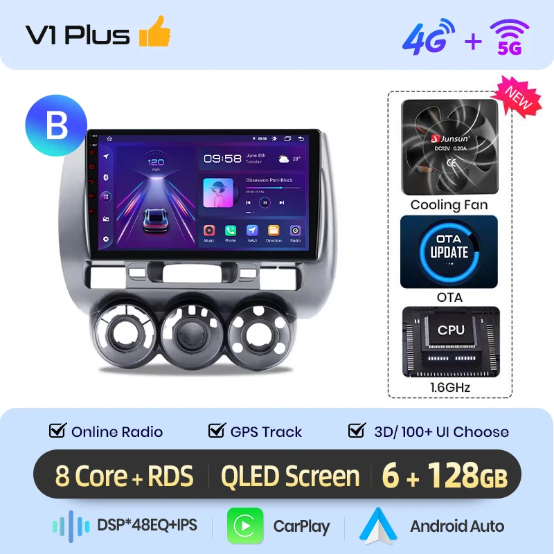 Junsun Draadloze Carplay Auto Radio Voor Honda Fit Jazz Stad 2002 2003 2004 2005 2006 2007 Android Autoradio Head Unit Rds 4G Wifi