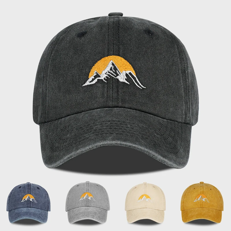 Image of Vintage Mountain Sunrise bestickte, gewaschene Baseballkappe, verstellbar, Unisex, für Camping, Reisen, Freizeit