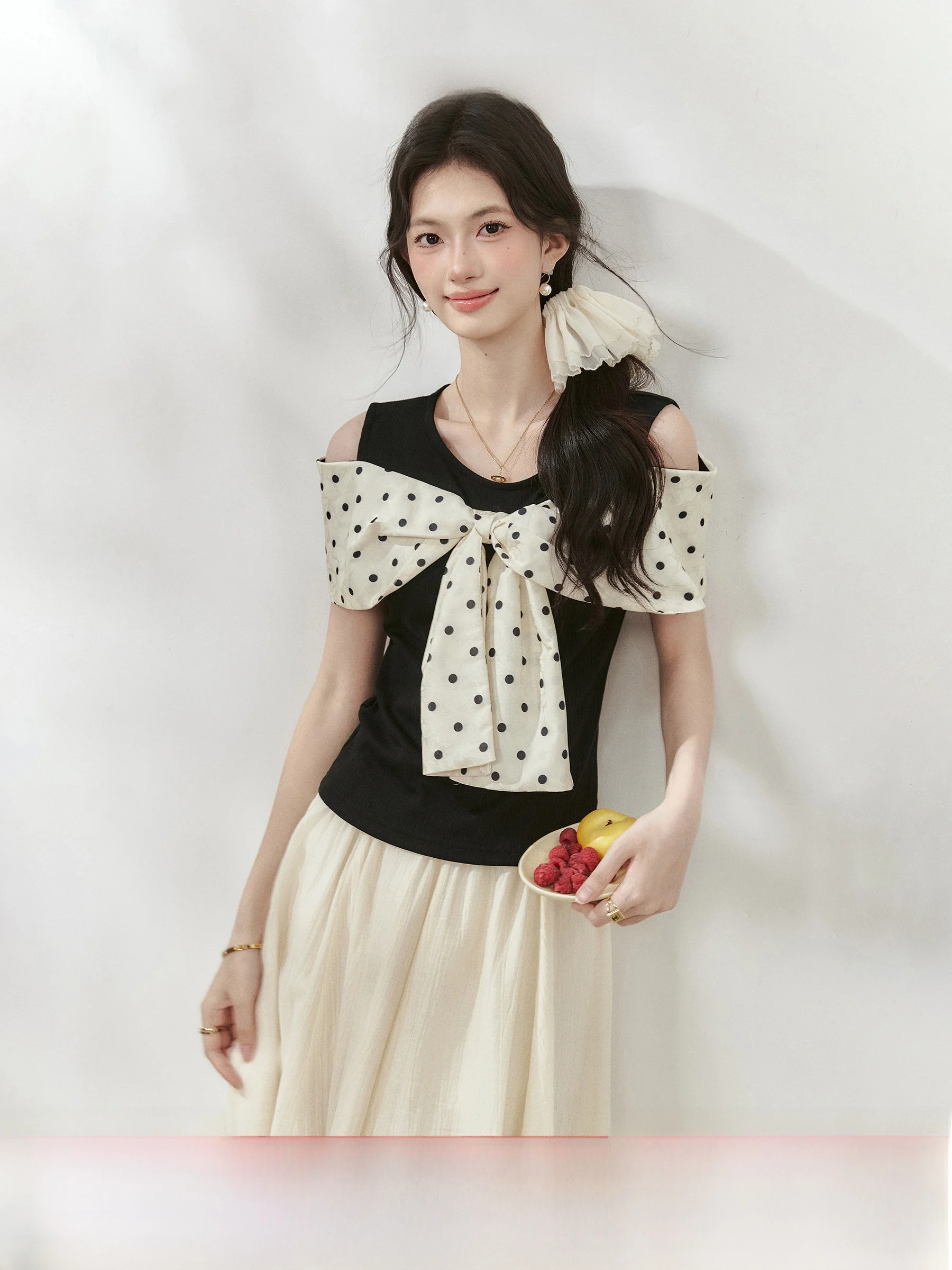 

Summer Short Sleeve T-Shirt plus Size Patchwork Knot High Waist Slim Fit Black Pear Muse Short Top for Plump Women
