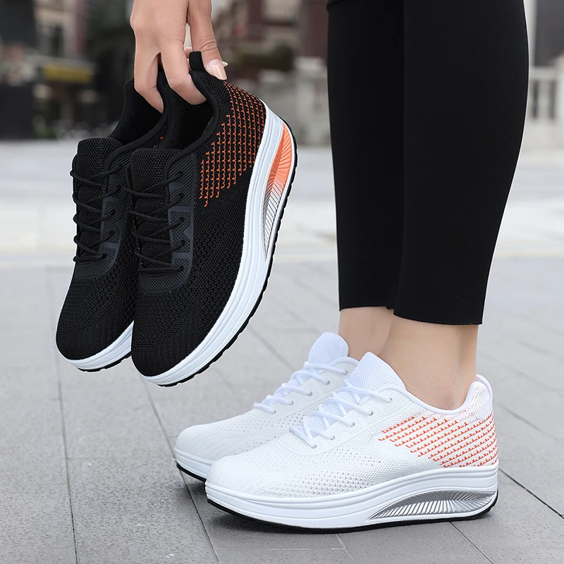 Women's Wide Fit Breathable Knit Rocker Sole Sneakers Moms Comfortable Walking Shoes Students Lightweight Casual Sports Trainers