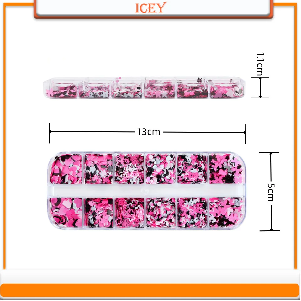 Icey Beauty 1set 12 Box Black and Pink Rabbit Heart Disc Nail Art Glitter Drip Glue Nail Art DIY Slime Filling Material