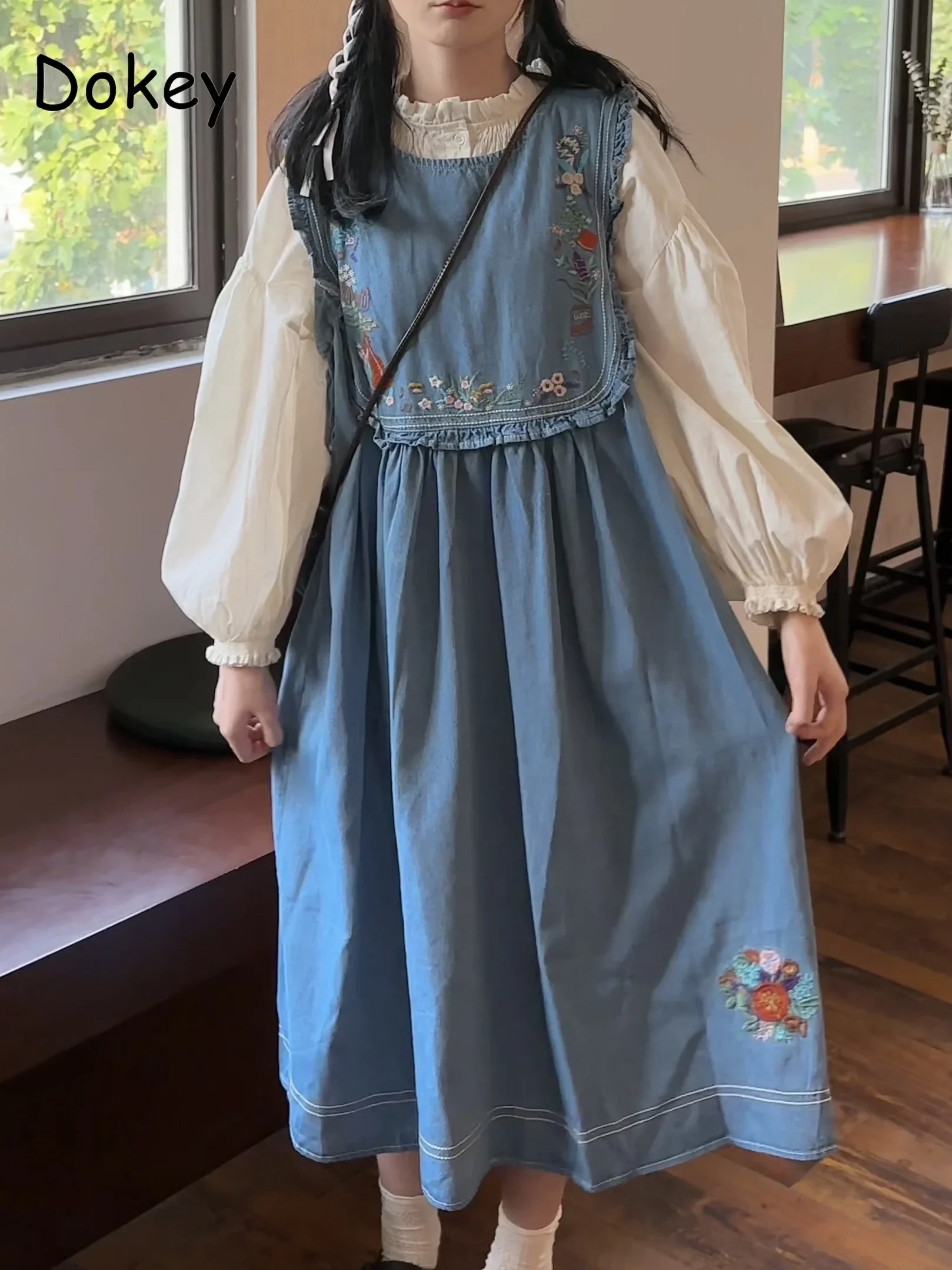 Abito Vintage con bretelle in Denim ricamato donna giapponese Mori Girl Ruffle Jeans senza maniche abito tuta dritta allentata