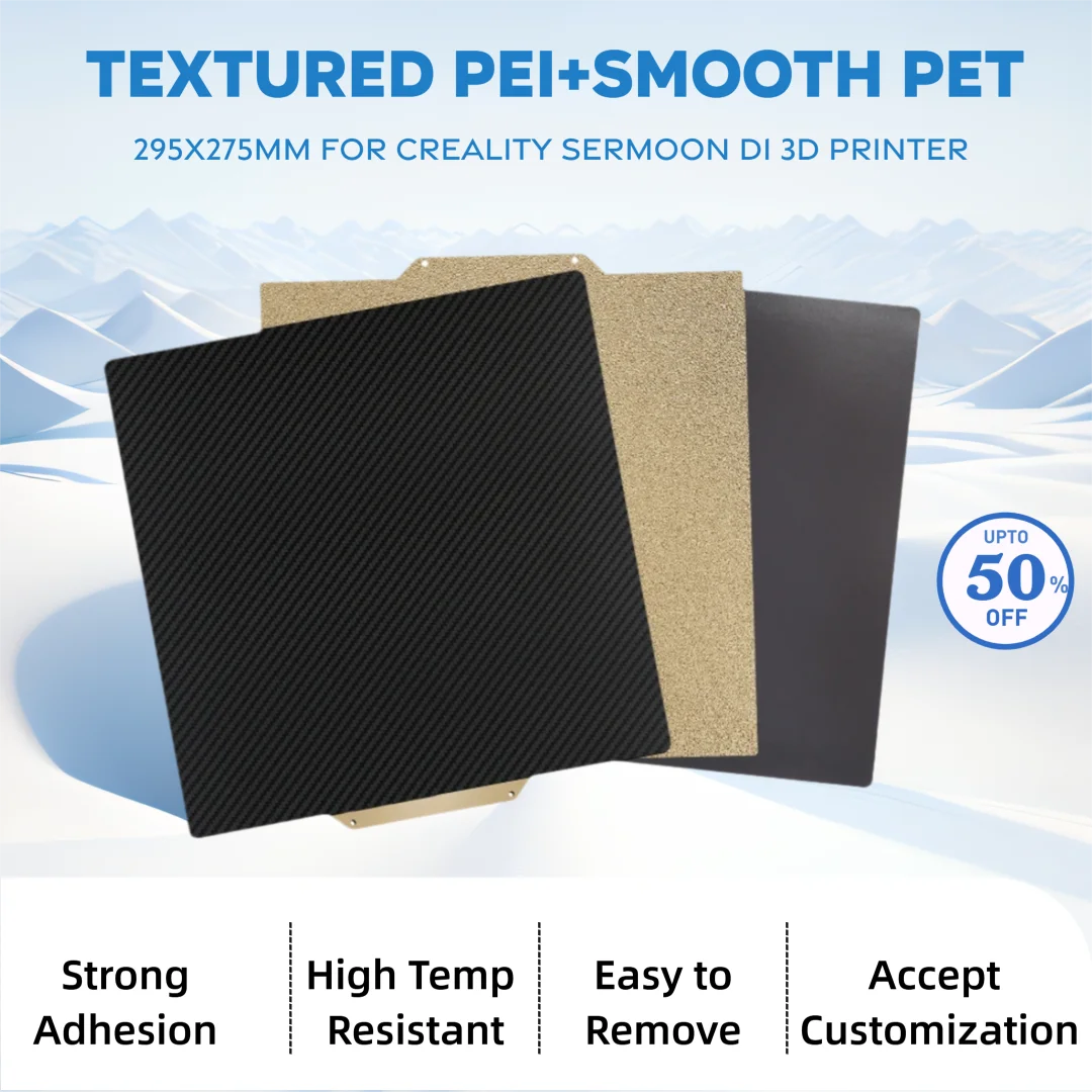 

Smooth PET and Textured PEI Sheet 295x275mm for Creality Sermoon D1 Build Plate Double Side PEI Spring Steel Flexible Print Bed