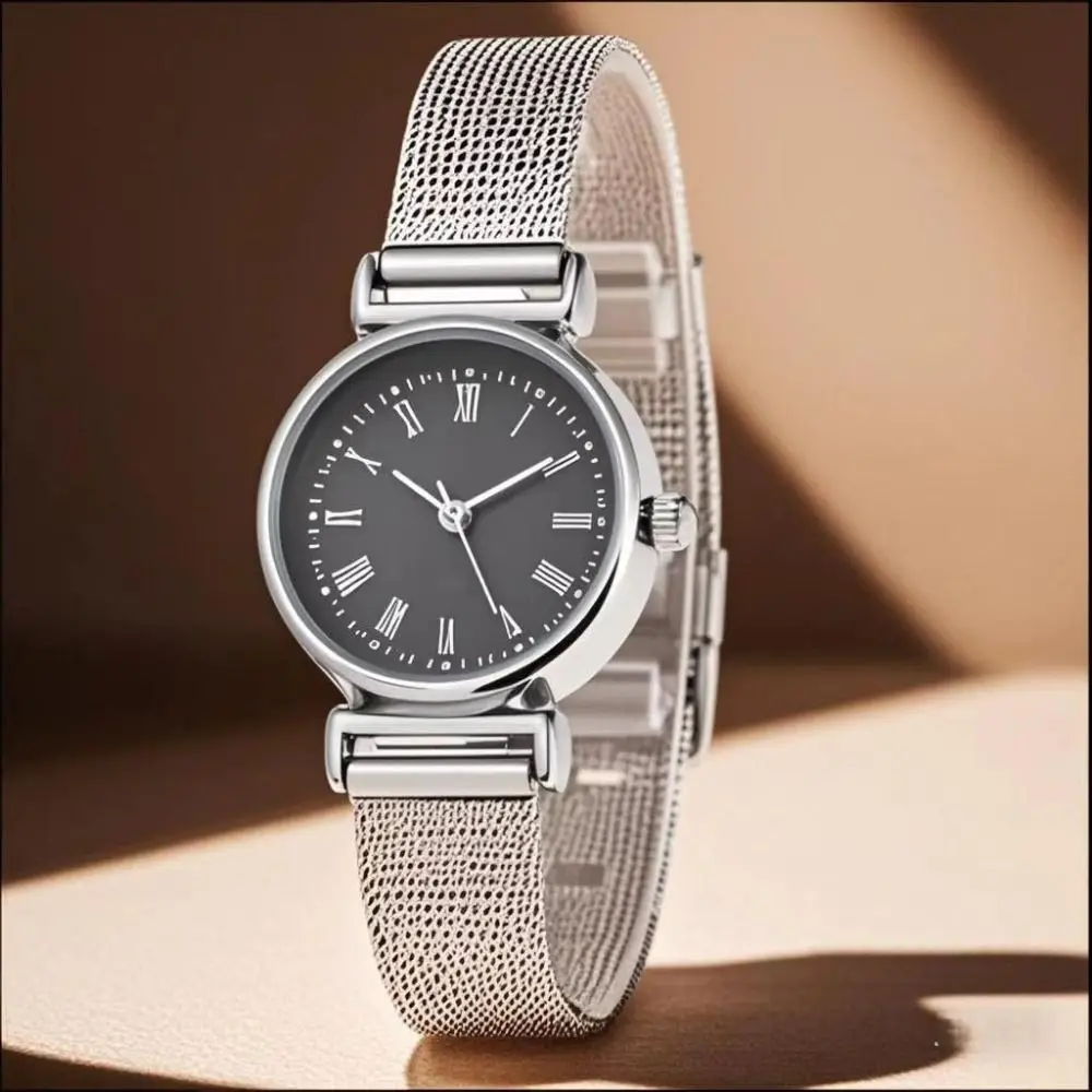 ساعات دائرية إبداعية فاخرة بحزام شبكي وساعات يد بحزام كوارتز قابل للتعديل هدايا