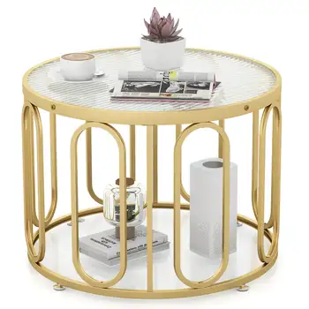 Image 2-Tier 24" Round Coffee Table w/Reeded Tempered Glass Top & Oval Swivel Brackets