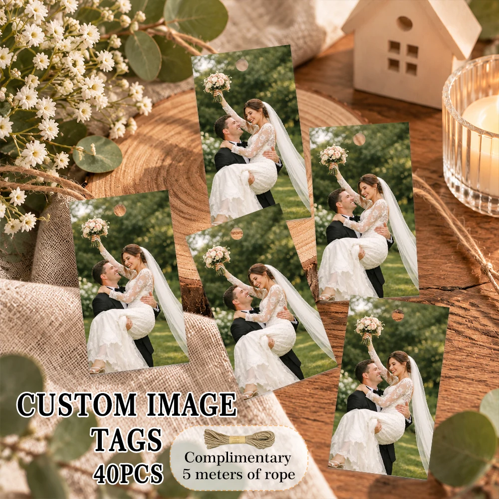 40/80/120pcs,Wedding Favor Tags, Custom Photo Rectangle Labels, Blank Back Paper Tags with 5m Rope, Halloween Christmas Gift