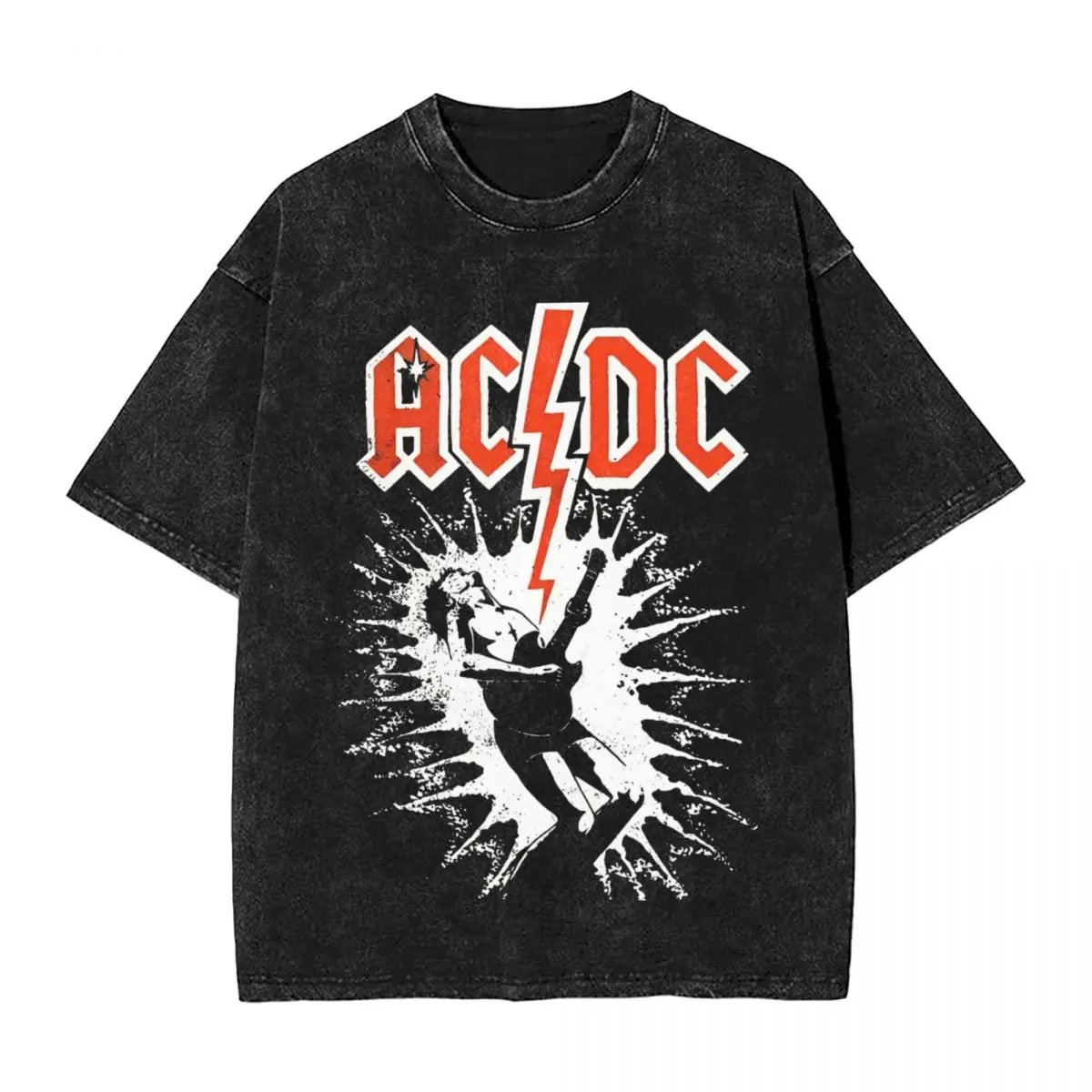 Washed T Shirts Rock Band AC High Voltage DC Hip Hop Vintage T-Shirts Street Streetwear Cotton Printed Tops Tees for Men Women