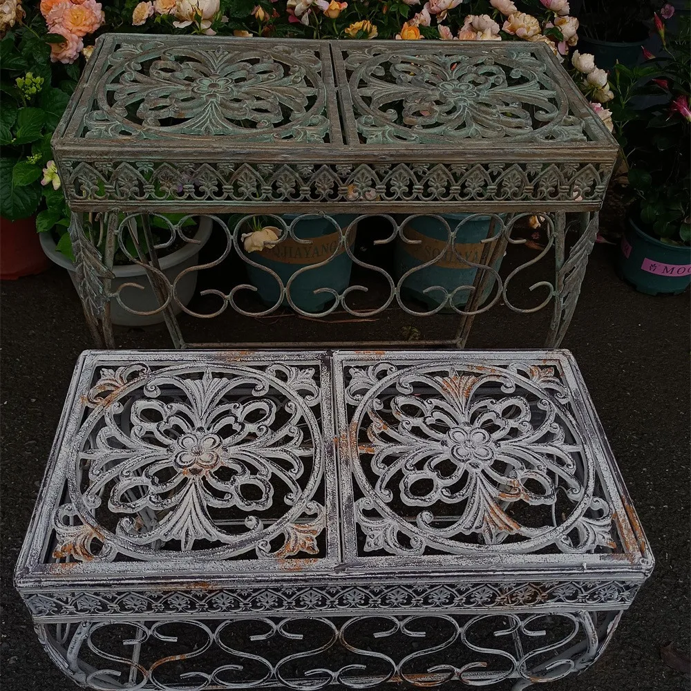 Wrought Iron Flowerpot Organizer Holder Plant Display Stand Double Rectangle