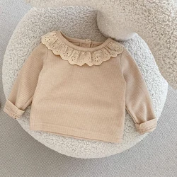 Autumn new baby clothing, 0.3 year old baby girl T-shirt with waffle lace collar top, clear color long sleeved base shirt