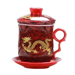 4pcs kit of Chinese Dragon Pattern Tea-Mug with Strainer Infuser and Lid and Saucer Ceramic Tea Mug   Porcelain Personal Tea Cup