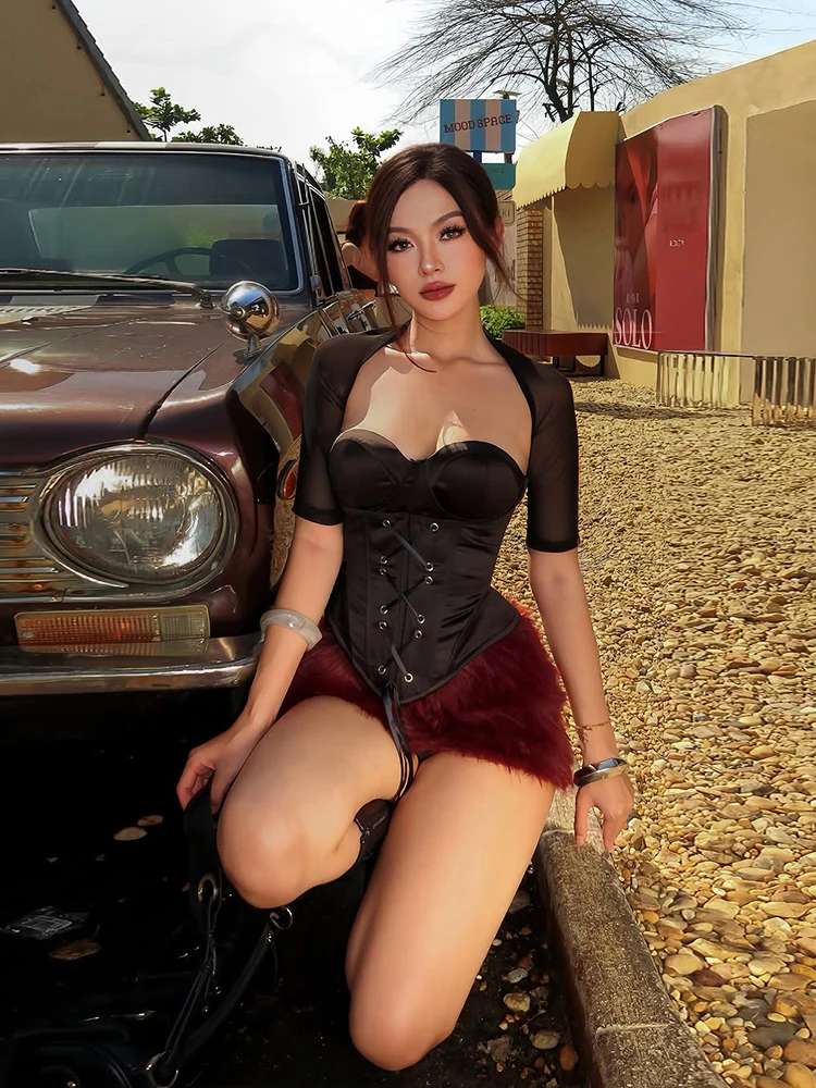 

Sisterlinda Sexy Wild Vest 2 Piece Set Women Shirring Sleeveless Bandages Tank Top+See Through Jacket Coquette Midnight Clubwear