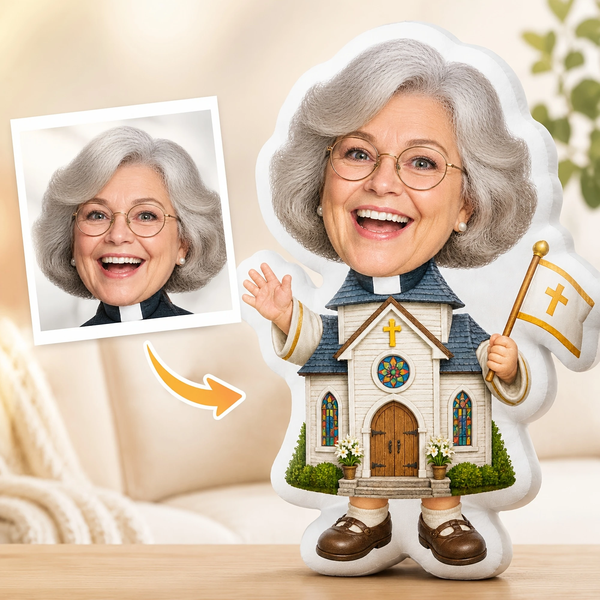 1pc Custom Double Sided Printed Novelty Shaped Cushion Pillow, Cheerful Elderly Church Character Design for Sofa, Bed, Chair, Ho