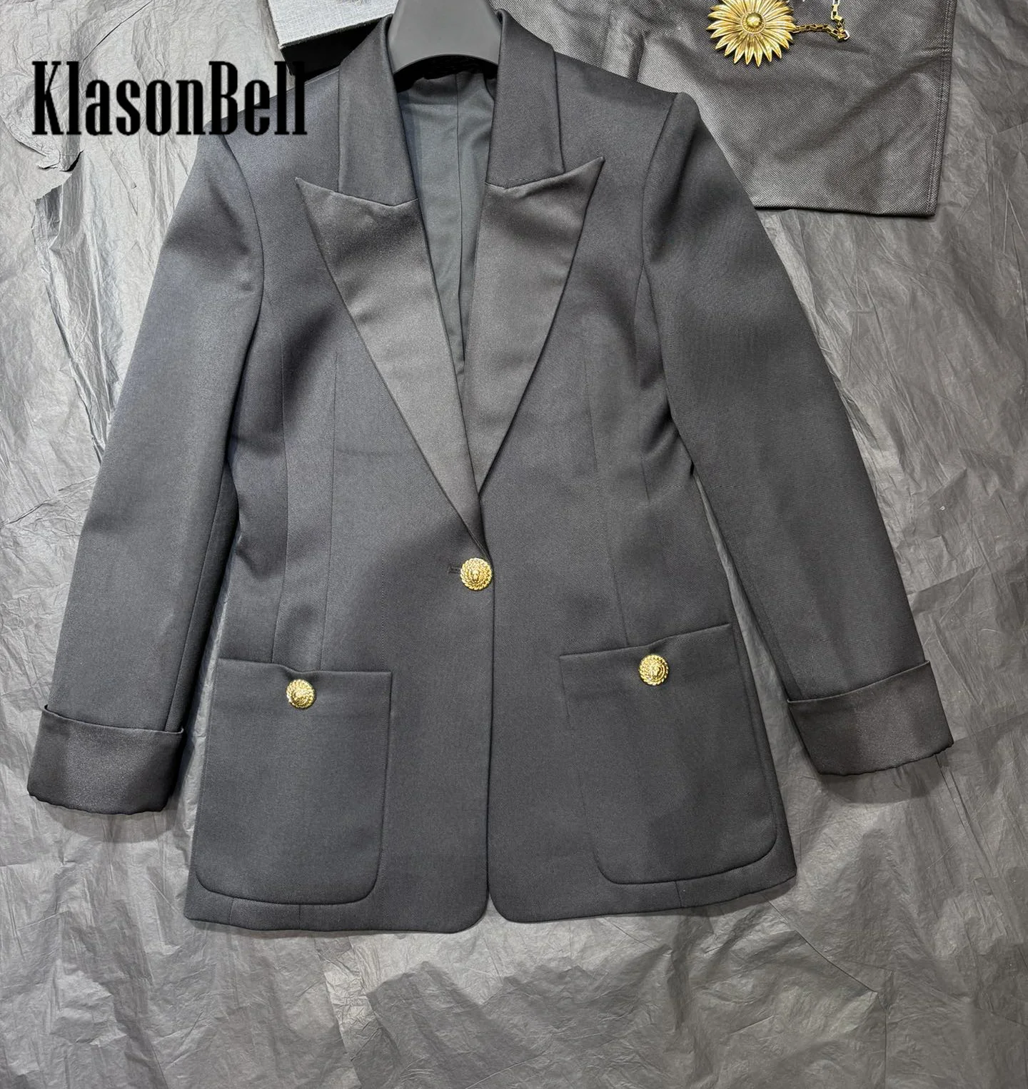 8.3 KlasonBell Women Temperament Lapel Collar Cuff Spliced Acetate Blazer Classic Pocket Gold Single Button Slim Jacket