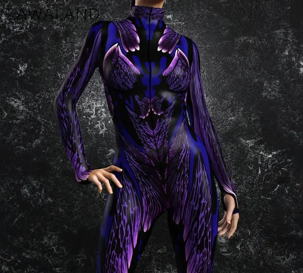 

Zawaland Halloween Dark Symmetrical Print Jumpsuit Adult Sexy Skeleton Cosplay Bodysuit Party Stage Showing Catsuit Rave Outfits