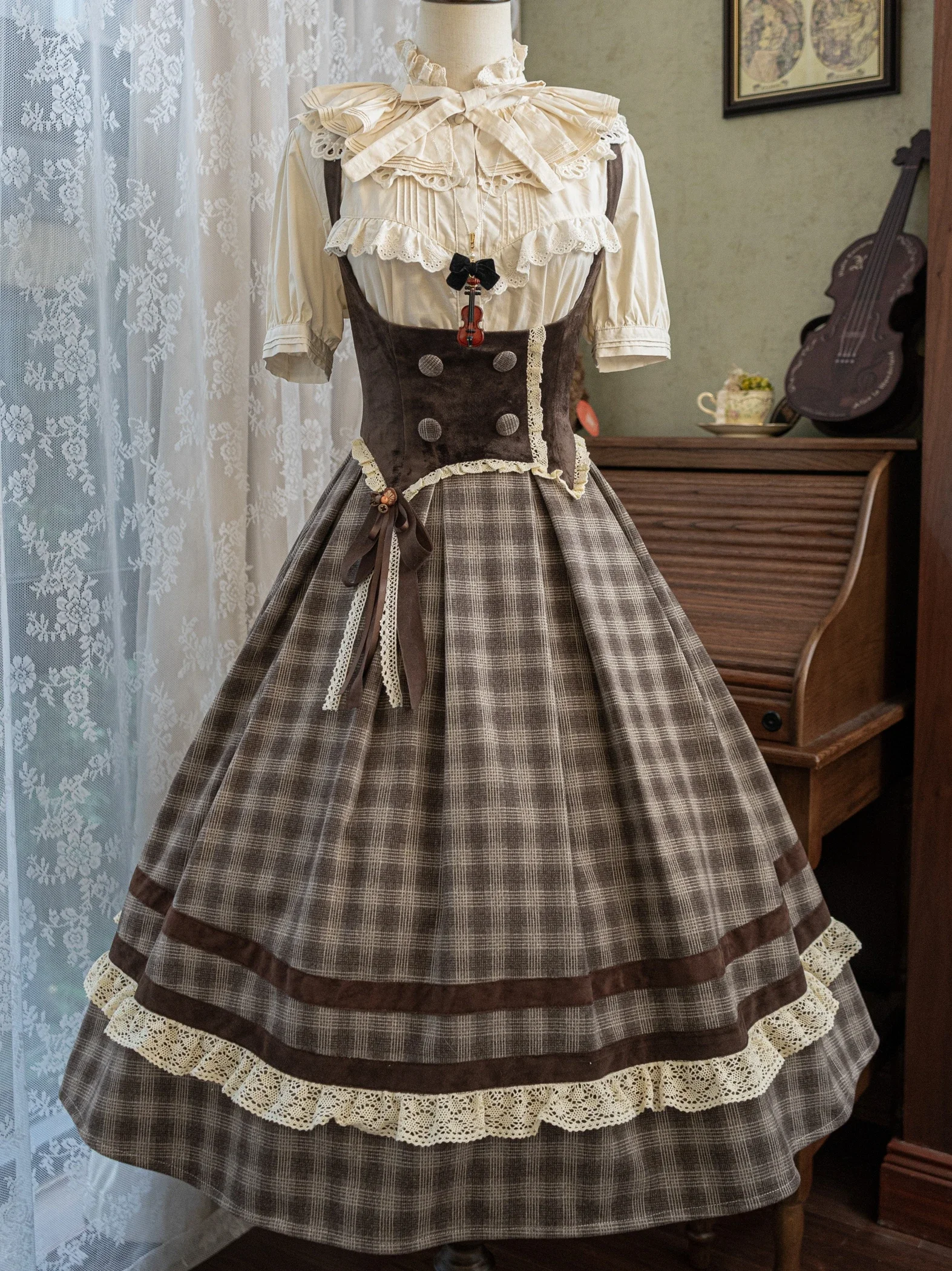 Frech Style Elegant Retro Lolita JSK Dress Brown Plaid Lace Stitching Bow High Waist Slim Fit A-Line Dress Women's Autumn 2024