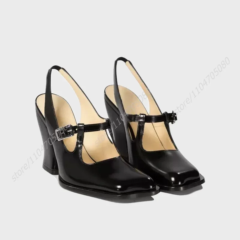 

Wave Toe Black Patent Leather Low Pump Women Spike Concise Summer Ankle Straps Open Heel Round Toe Ankle Strap Buckle Work Shoes