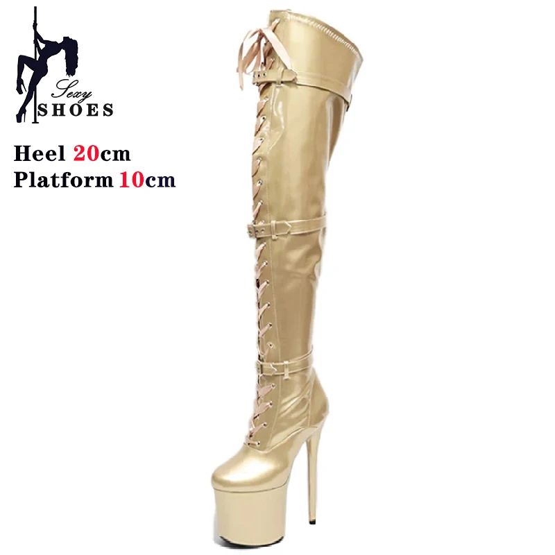 

15 17CM 20cm Gold Silvery Over-the-Knee Pole Dance Boots Platform Stripper Heels Women Exotic Dancer Fetish Belt Buckle Shoes