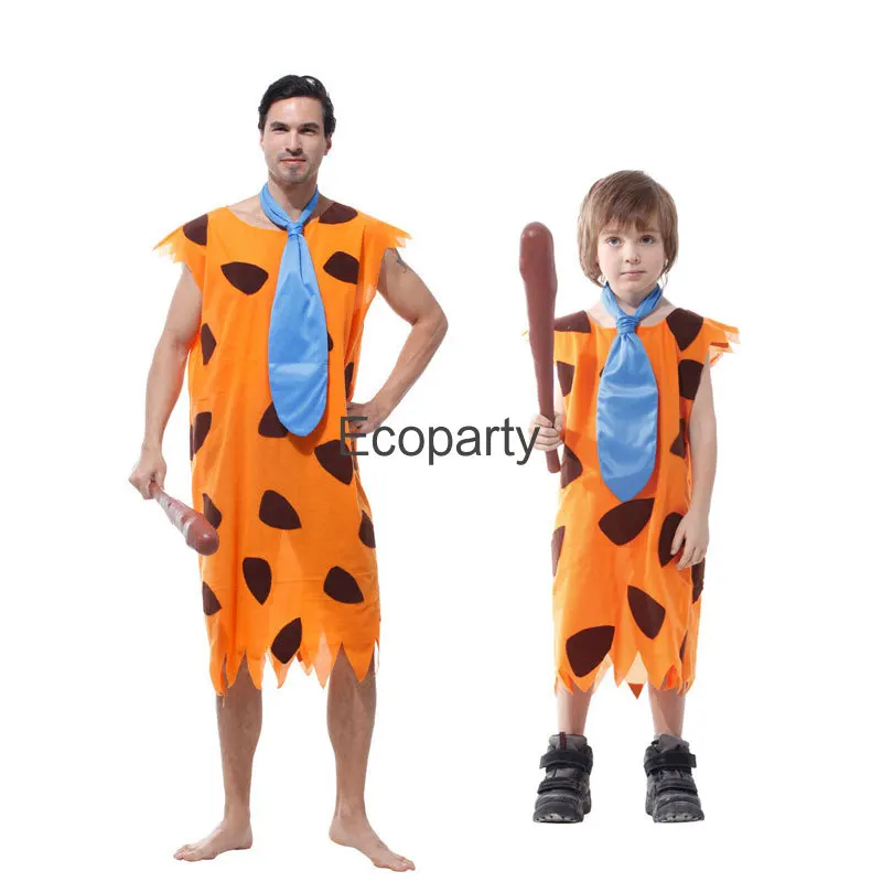 New Halloween Party Primitive Savages Flintstones Cosplay Costume For Adult Kids Purim Men Boys Stone Age Stage Show Dress Up