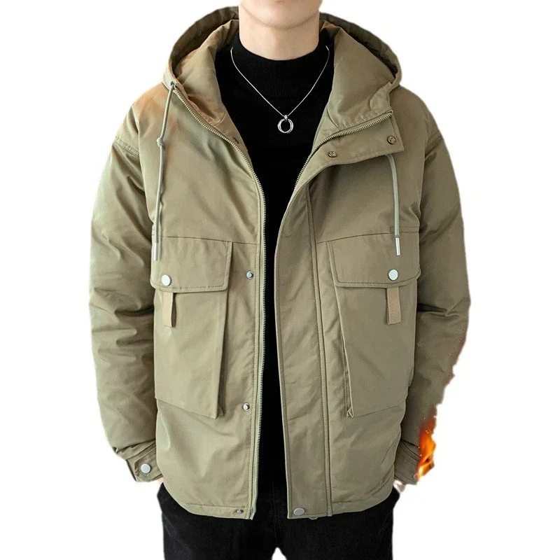 Parkas com capuz acolchoado casual masculino, casaco acolchoado de algodão, jaqueta grossa solta, monocromática, plus size, monocromática, verde, inverno, M-5XL