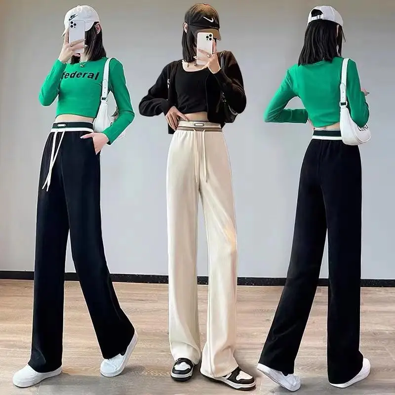 High waisted narrow straight leg pants 2023 autumn/winter plush thickened slim fit casual pants new loose straight leg pants