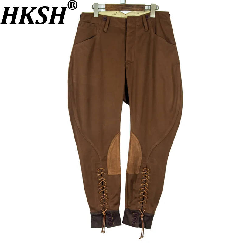 

HKSH Spring Autumn New Men Niche Fashion Color Block Lace-up Riding Pencil Pants Trendy Casual Slim Wide Crotch Breeches HK15878