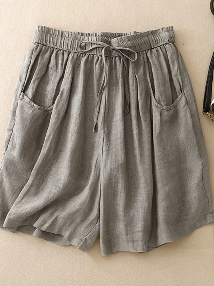 Calça casual de algodão e linho com pernas largas, saia ortod para mulheres, verão, fina, solta, plus size, cintura elástica, calças quentes de cinco quartos