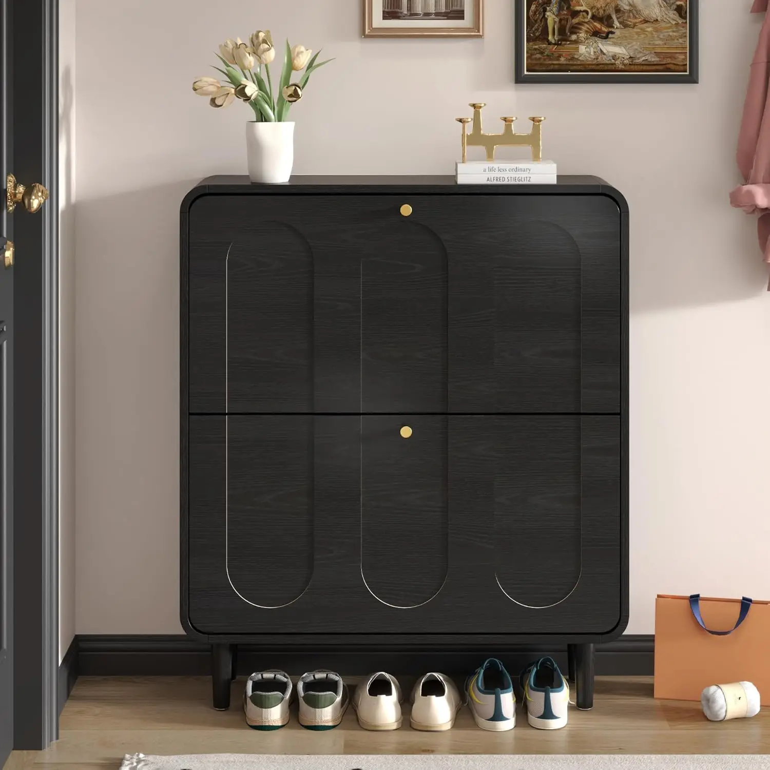 

Узкий шкаф для обуви в прихожую с 2 откидными ящиками, изогнутый шкаф для обуви с арочными полосатыми панелями, на заказ