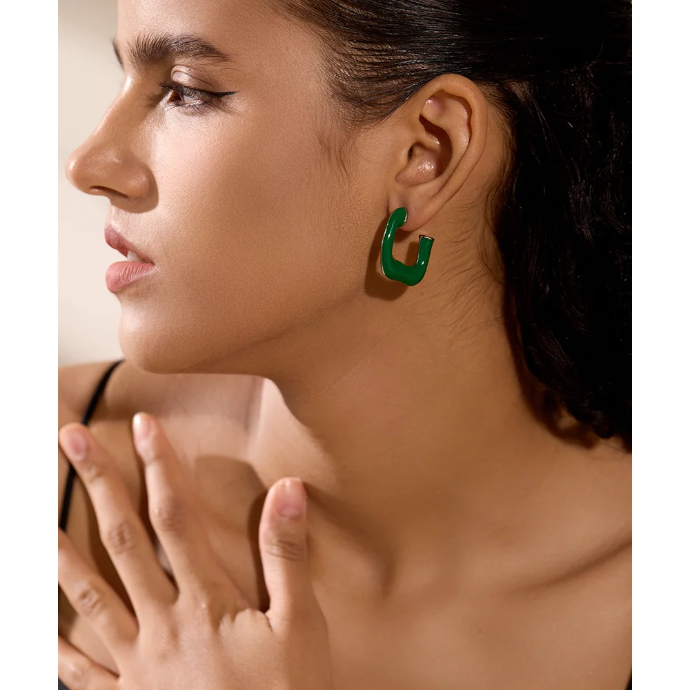 Yhpup Green Enamel Stainless Steel Square Geometric Huggie Earrings for Women Chic Stylish Jewelry Orecchini Da Donna Gift New image 4