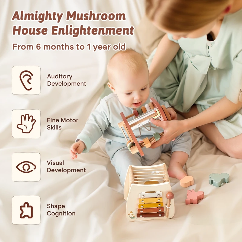 Wooden Building Block For Babies Music Percussion Game Newborn Education Mushroom House 5 in 1 Cartoon Animal Shape Matching Toy