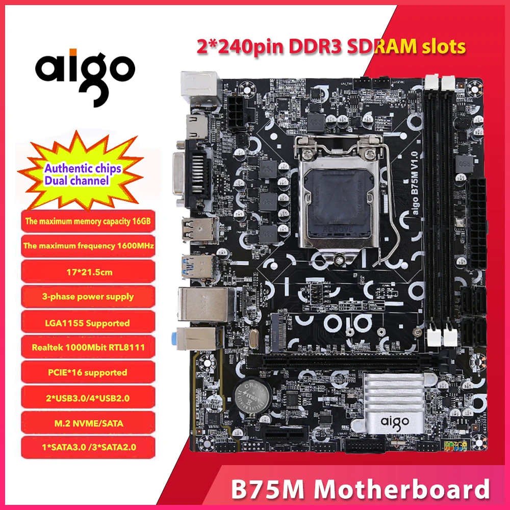 Aigo B75M Motherboard Set Kit With LGA 1155 I3 I5 I7 Dual-channel DDR3 USB3.0 SATA3 M.2 NVME Diy Gaming Computer PC Motherboard