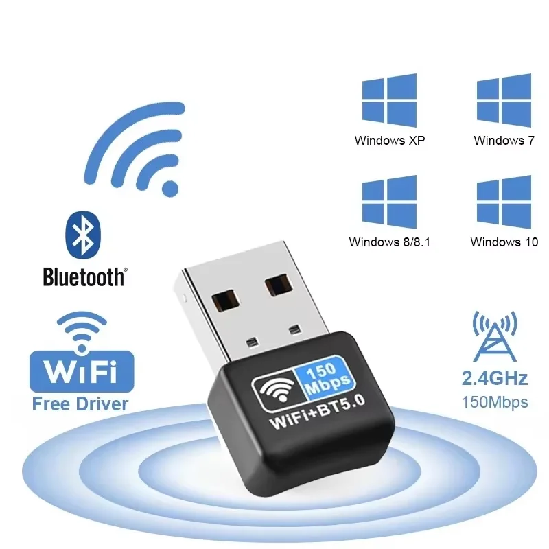 Беспроводная сетевая карта 2 IN1, 150 Мбит/с, 2,4GUSB, Wi-Fi адаптер, Bluetooth USB-адаптер, беспроводной Wlan-приемник для Win 10/11, ПК, настольного компьютера