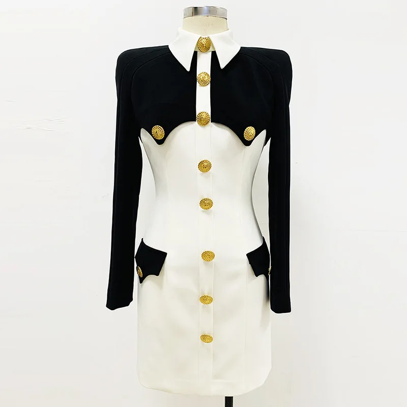 2024 New Star Fashion Black And White Blocked Color Shirt Collar Slim Fit Hip Hugging Dress