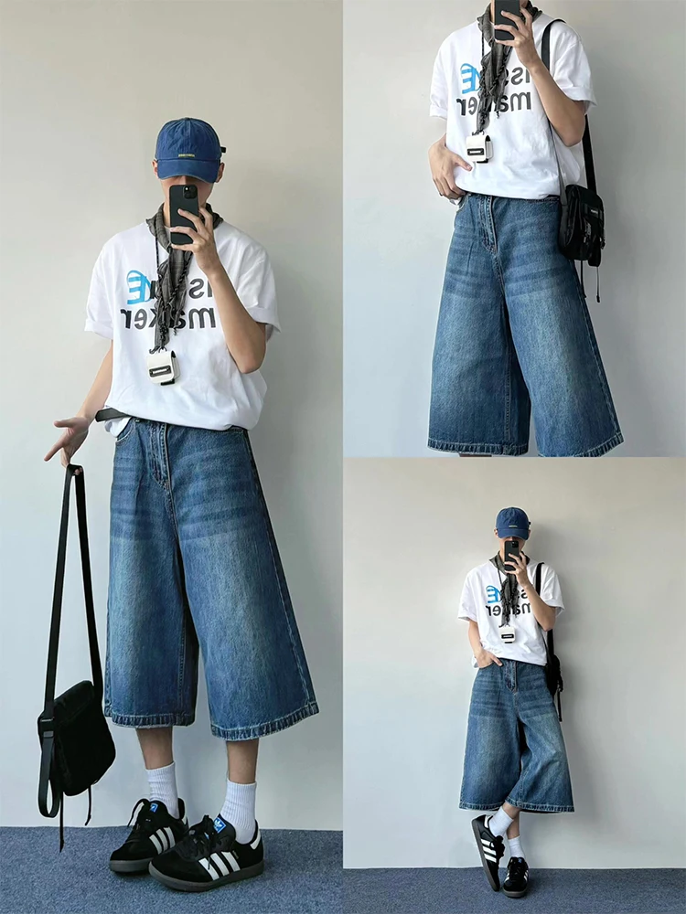 Retro American Denim Shorts Men's Summer Washed Straight Leg High Waist Wide Leg Seven-Foot Pants Fitness Citywalk Running