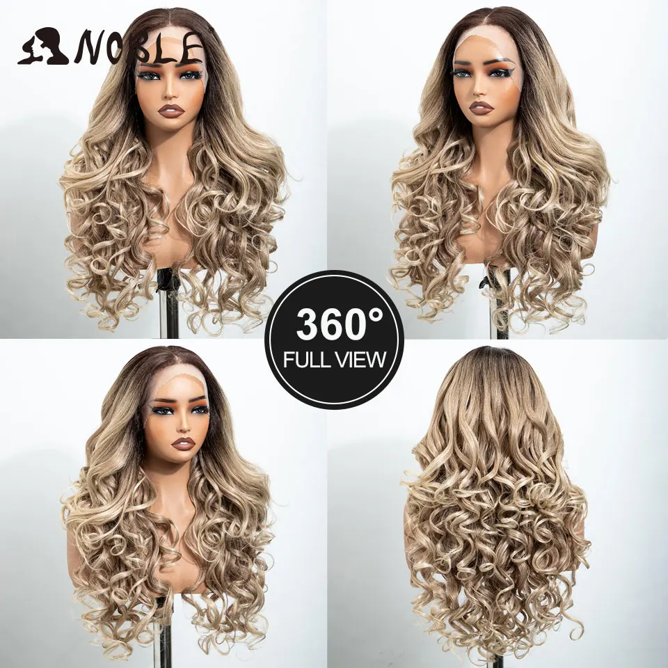 NOBLE 13X4 Lace-Front-Synthetikperücke, 28 Zoll, Ombré-Blond, lockige, lockere Frisur, mit Pony, hitzebeständig, TikTok-Perücke für schwarze Frauen, für den täglichen Gebrauch. – Detail 6