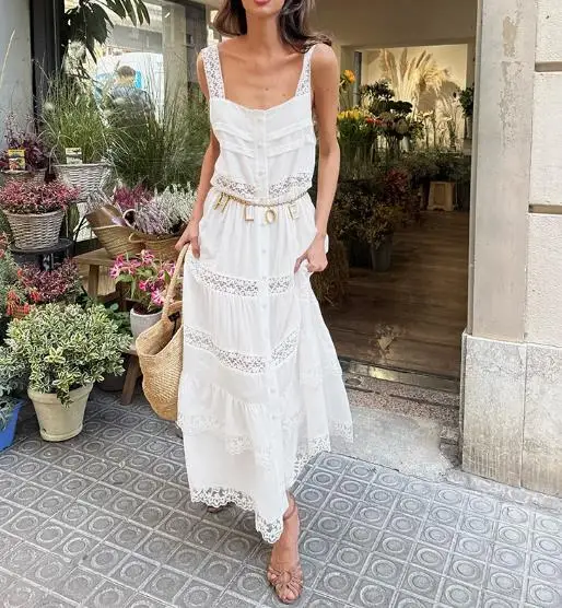 

Womens Dresses 2026 Spring Summer New Solid Color Bohemian Vacation Lace Patchwork Square Neck Sleeveless Casual Cake Dress