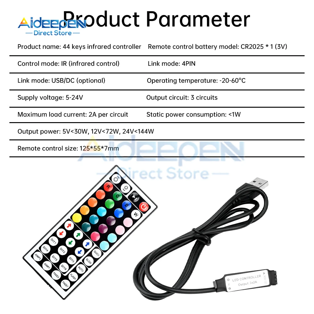 Faixa de led rgb usb/dc com controle remoto de 44 teclas, adequada para quarto, sala de estar, cozinha, decoração de esportes, luz noturna