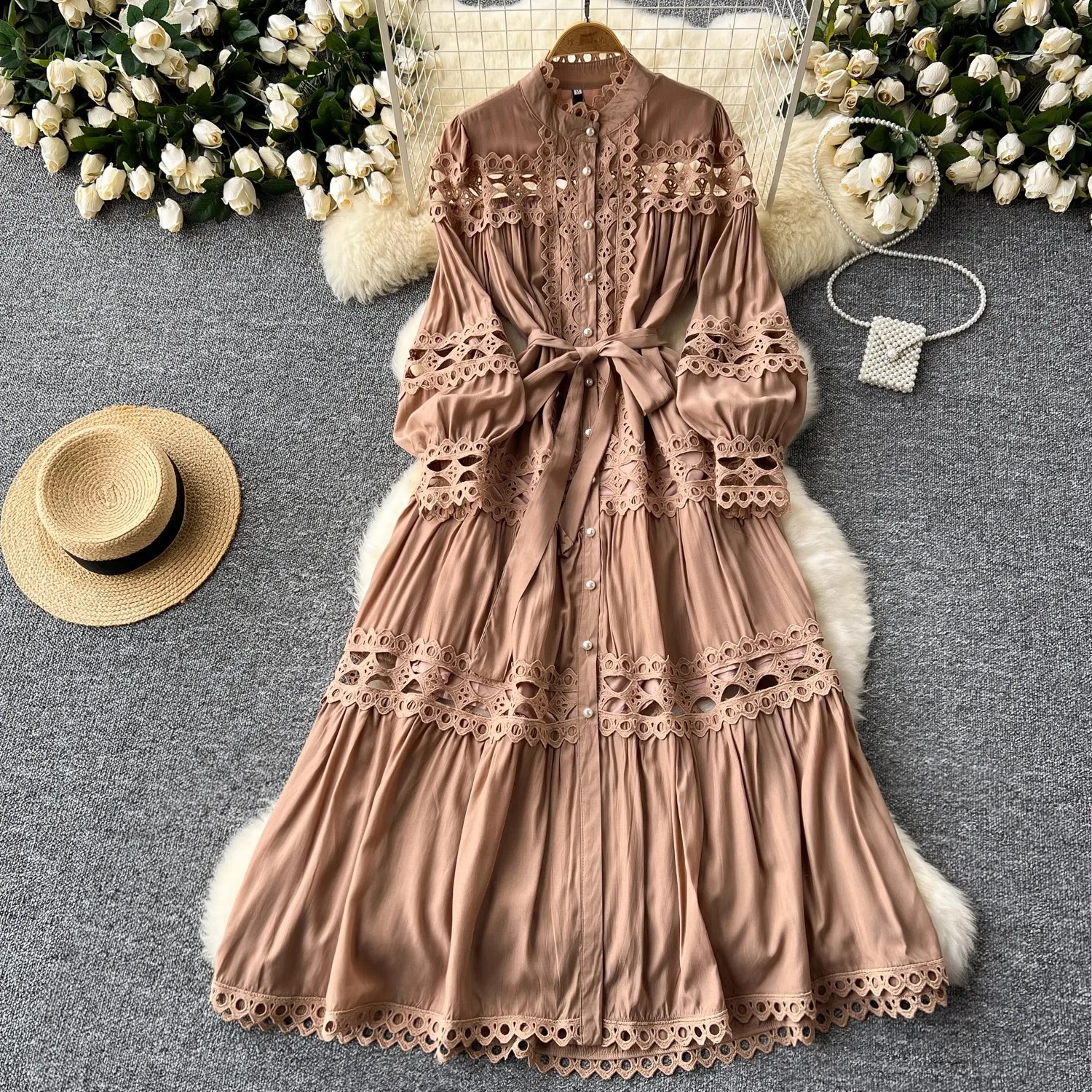 

Autumn Hollow Out Embroidery Maxi Dress Women's Stand Collar Lantern Sleeve Lace Trims Lace Up Belt Party Long Robe Vestidos