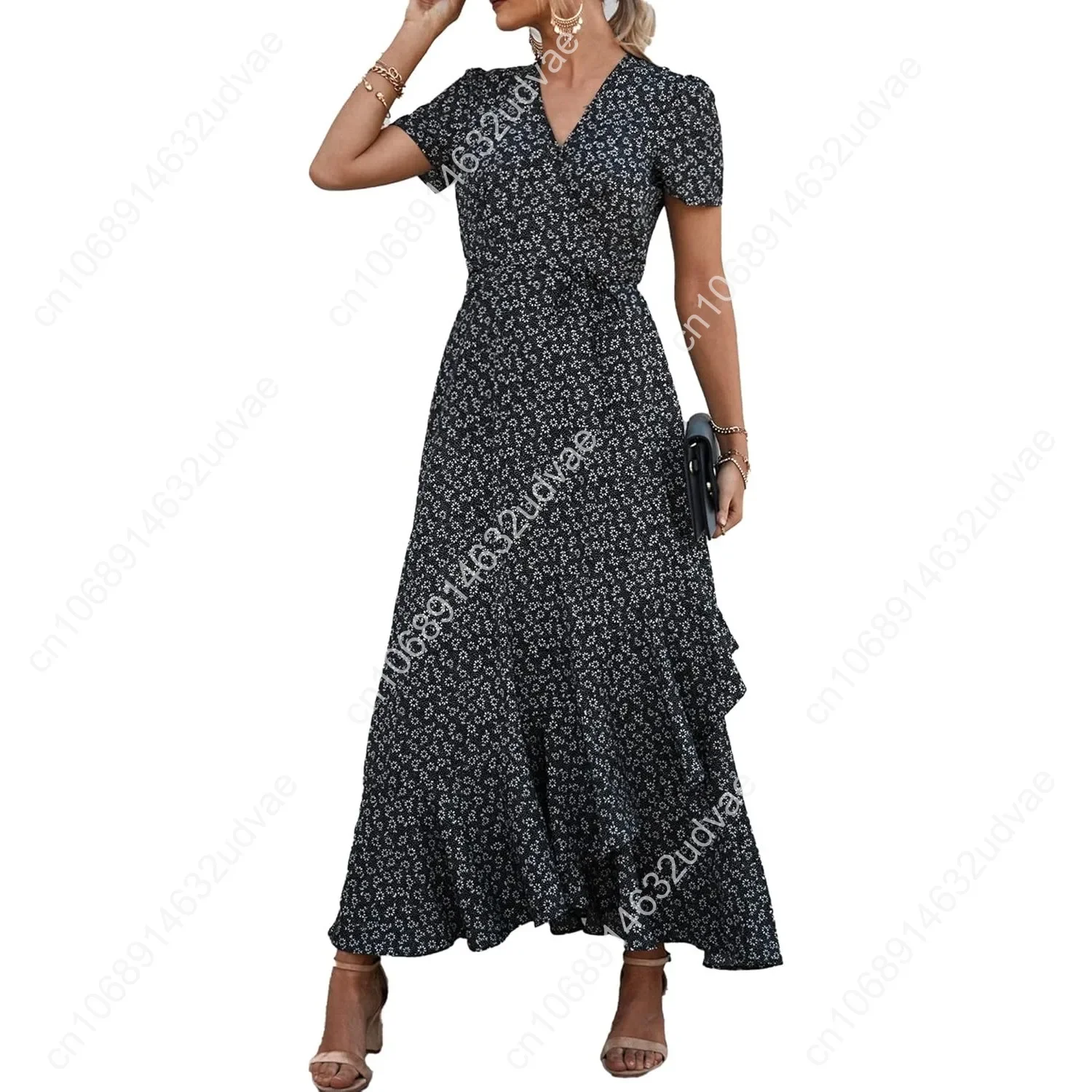 

Women's Summer Wrap Maxi Dress Casual Boho Floral V Neck Short Sleeve Ruffle Hem Split Beach Long Dresses