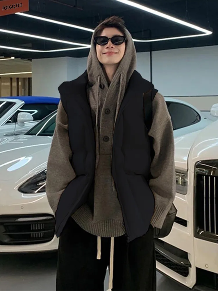 

Pure Black American Style down Vest Men's Winter High Sensation Warm Cotton Jacket Vest American Layering Shoulder Cotton Clo...