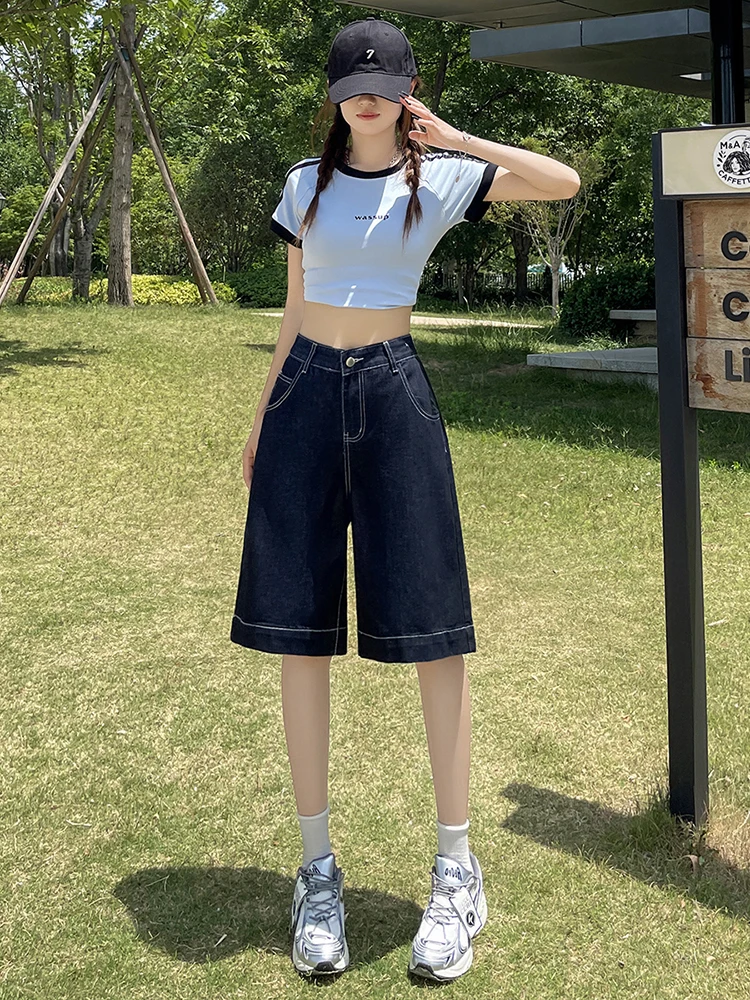 

Summer High Waist Straight Leg Denim Shorts Women's Thin Loose Slimming Five-Point Pants Casual Cotton Polyester Blend Wear R...
